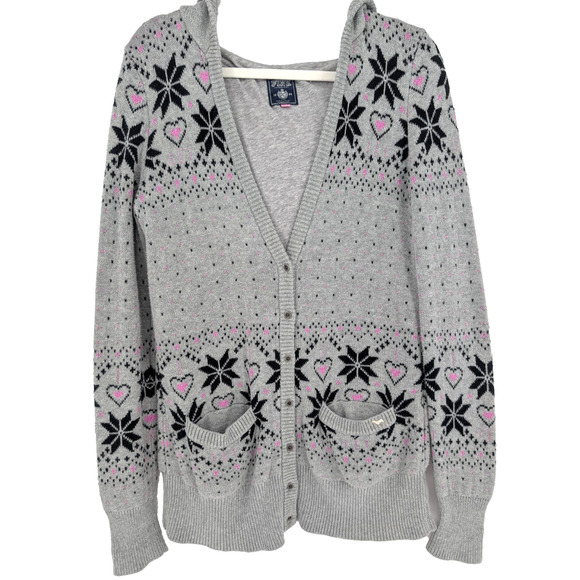 VTG Y2K Victorias Secret PINK Gray Knit Fair Isle Cozy Logo Cardigan Hoodie SML - Picture 1 of 10